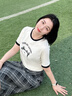 lagogo涼感新疆棉露營(yíng)剪影印花短袖T恤女拉谷谷2025年夏新款上衣 米黑 M 曬單實(shí)拍圖
