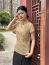 布符2025年夏季新款盤(pán)花旗袍上衣中式顯瘦日常國風(fēng)手工盤(pán)扣短袖女 暗黃秋葉 S 曬單實(shí)拍圖