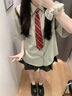 鹿依檸新款連衣裙女2025夏季女裝韓系減齡學(xué)院風(fēng)jk制服百褶套裝裙子夏天 綠色上衣+灰色百褶裙 M 曬單實拍圖