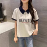 哈魯?shù)霞兠辮olo衫短袖t恤女2025新款夏季寬松港風(fēng)設(shè)計(jì)感小眾正肩翻領(lǐng) 藏青拼白灰色 M 【90-105斤】 曬單實(shí)拍圖