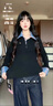 FSHE2025新款假兩件格紋撞色修身針織襯衫女春季拼接長袖顯瘦修身上衣 黑拼藍 L 建議105-115斤 曬單實拍圖