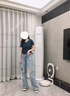 FSHE破洞牛仔褲女高腰顯瘦百搭2025夏秋薄款辣妹寬松闊腿拖地褲子女潮 藍(lán)色破洞優(yōu)質(zhì)款 S 曬單實(shí)拍圖