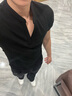 點(diǎn)悟小立領(lǐng)短袖T恤男修身純色棉彈力緊身打底衫夏季深v領(lǐng)半袖體恤上衣 黑色 L （126-135斤）修身 曬單實(shí)拍圖