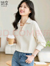 她享長(cháng)袖襯衫女春秋假兩件衛衣V領(lǐng)翻領(lǐng)襯衣寬松百搭顯瘦上衣T13KC2583 曬單實(shí)拍圖