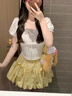 派吉鯊碎花黃色花苞裙半身裙女2025新款夏季松緊高腰荷葉邊a字蛋糕短裙 黃色 S 曬單實(shí)拍圖