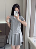 Semir套裝女短款假兩件上衣松緊腰傘裙2025夏季新款時(shí)尚兩件套氣質(zhì) 淺花灰00202 S 曬單實(shí)拍圖