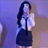 婍妡（Qeeshine）套裝純欲風(fēng)Polo領(lǐng)不規(guī)則襯衫女夏高腰包臀半身裙辣妹修身顯瘦上衣 白色上衣(送領(lǐng)帶) 單件 S 80-95 曬單實(shí)拍圖