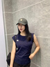 FORNINES2025新款斜肩無(wú)袖T恤女純色背心夏季美式辣妹收腰顯瘦露肩短上衣 藏青色 S 曬單實(shí)拍圖