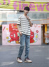 卡賓（CABBEEN）【創(chuàng  )意條紋】男裝高周波logoT恤25春夏新款時(shí)尚潮流短袖舒適 米白色12 XL /180/52 曬單實(shí)拍圖