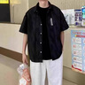 凰梡夏季男士短袖襯衫日系潮流冰絲襯衣外套潮牌休閑薄款男生上衣寬松 黑色 XL 曬單實拍圖