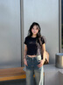 Calvin KleinJeans25春夏女士休閑印花ck辣妹正肩修身針織短袖T恤47AB817 UB1-太空黑 M 曬單實(shí)拍圖