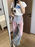 樂雅秀淺色腮紅牛仔褲女夏季薄款高腰寬松顯瘦大碼垂感拖地闊腿褲子ins 腮紅褲 薄款 M (建議98-108斤) 曬單實拍圖