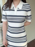 TOMMY HILFIGER25新款夏季女優(yōu)雅老錢風(fēng)亞洲版V字POLO顯瘦針織連衣裙47325 白藍(lán)條紋0BI M 曬單實拍圖