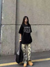 純棉珍珠釘珠潮流短袖t恤女夏季2025新款寬松美式復(fù)古黑色上衣服 黑色 L 曬單實(shí)拍圖