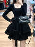 乖甜星法式收腰蓬蓬連衣裙2025秋季新款復古方領(lǐng)設計蛋糕裙感裙子潮 黑色/配綁帶 L 建議105-120斤 曬單實(shí)拍圖
