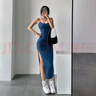 吟嚀夕后媽裙開叉顯瘦性感修身辣妹高長款包臀吊帶連衣裙彈力時尚裙 藍(lán)色 L 曬單實拍圖