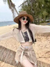 槿城 劉仁娜同款墨鏡女夏季防曬小臉款ins復古圓臉眼鏡太陽鏡381 金框黑灰片 曬單實拍圖