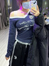 凡伊聆長袖T恤女純欲上衣春季女裝2025新款潮流修身美式辣妹露肩蕾絲 露肩蝴蝶結(jié)長袖T恤【藏青色】 M （建議85-100斤） 曬單實拍圖