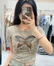 FOX.G短袖女t恤V領(lǐng)打底衫衣服女裝內搭純欲風(fēng)上衣辣妹裝半袖夏季新款 白色扎染蝴蝶收腰t恤 L 【建議115-130斤】 曬單實(shí)拍圖