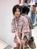 Jret粉色Polo領(lǐng)格子襯衫女短袖外套夏季設計小眾日系復古疊穿上衣潮 粉色格子  L 【建議120-135斤】 曬單實(shí)拍圖