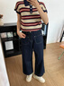 雅黛絲薇夏裝搭配衣服一整套時尚套裝女裝小個子穿搭休閑闊腿褲減齡兩件套 藍(lán)領(lǐng)紅條紋上衣+藍(lán)色牛仔褲 S 曬單實(shí)拍圖