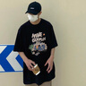 HXHK夏季短袖T恤男情侶潮牌高街五分袖體恤字母印花寬松薄款半袖衣服 黑色 XL 曬單實(shí)拍圖
