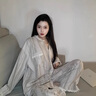 熱妒睡衣女春秋季純棉長(zhǎng)袖長(zhǎng)褲帶胸墊一體條紋寬松款睡衣套裝套裝 52917純棉套裝（不帶胸墊款） L 曬單實(shí)拍圖