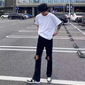 衣然呈品黑色破洞牛仔褲男微喇褲腳毛邊直筒顯瘦顯高修身百搭褲子夏季男士 黑色 S【建議85-95斤】 曬單實拍圖