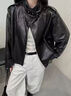 云旗千裘赫本油蠟皮真皮皮衣女2025春新款寬松機車(chē)夾克高端綿羊皮短款外套 黑色 S 建議90-115斤 曬單實(shí)拍圖