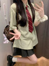 鹿依檸新款連衣裙女2025夏季女裝韓系減齡學(xué)院風(fēng)jk制服百褶套裝裙子夏天 綠色上衣+灰色百褶裙 M 曬單實拍圖