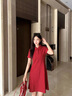 clotho Rennie品牌女裝小個子連衣裙女2025夏季新款休閑短袖POLO領(lǐng)中長款裙子 紅色 M 曬單實(shí)拍圖