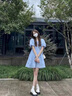 莫代爾提花連衣裙女2025夏季新款收腰顯瘦休閑百搭方領(lǐng)泡泡袖A字短裙子 藍(lán)色 L 建議[100-115斤] 曬單實(shí)拍圖