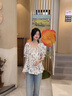 香影方領(lǐng)碎花上衣女2025夏裝新款純棉娃娃衫短袖寬松鎖骨綠色小衫 綠花 S 155/80A/85-95斤 曬單實(shí)拍圖