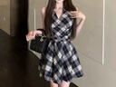 FSHE黑白格子v領掛脖系帶連衣裙女春季2025新款甜辣妹收腰百褶A字短裙 背心裙 L 曬單實拍圖