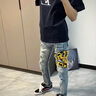 益帛淺色破洞牛仔褲男春季新款歐美風字母貼布彈力修身休閑小腳長褲子 藍色 L 【建議110-125斤】 曬單實拍圖