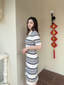TOMMY HILFIGER25新款夏季女優(yōu)雅老錢風(fēng)亞洲版V字POLO顯瘦針織連衣裙47325 白藍(lán)條紋0BI M 曬單實拍圖