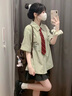 鹿依檸新款連衣裙女2025夏季女裝韓系減齡學(xué)院風(fēng)jk制服百褶套裝裙子夏天 綠色上衣+灰色百褶裙 M 曬單實拍圖