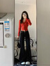 斤慕2025春夏新款微喇牛仔褲女高腰顯瘦彈力百搭直筒港風辣妹喇叭褲 港風微喇褲黑M碼建議80-100斤 曬單實拍圖
