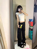 美式紐扣方領(lǐng)正肩短袖t恤女夏季新款修身設(shè)計感大領(lǐng)口短款上衣服 灰色 S 曬單實拍圖
