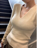 DAVEY MODE純色v領針織打底衫女秋冬新款內搭毛衣純欲修身顯瘦百搭長袖上衣 奶茶色【zt】 M 【建議95-105斤】 曬單實拍圖