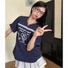 S·J·V·K夏季新款V領(lǐng)蕾絲拼接韓版正肩短袖T恤洋氣衣服女寬松上衣潮設計感 藏青色 M （適合95-110斤） 曬單實(shí)拍圖