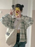 Jret韓系格子襯衫女夏季女裝2025新款設(shè)計(jì)感小眾休閑薄款外套女春秋款 淺綠格子 S 40/45kg 曬單實(shí)拍圖