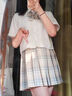 凡小如jk制服套裝女夏季百褶裙日系甜美學院風a字高腰半身裙小個子全套 檸檬海鹽格裙+刺繡白短襯衫+領結 S 【建議80-95斤】 曬單實拍圖