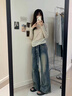 Jret復古高腰闊腿牛仔褲女夏季綁帶美式高街寬松直筒褲垂褲子潮 藍色 L 曬單實(shí)拍圖