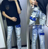 益帛牛仔褲男士夏季新款歐美風(fēng)破洞字母貼布彈力修身休閑小腳長褲子男 藍(lán)色 L 【建議105-120斤】 曬單實拍圖