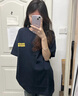 嬌茹妮美式高街半袖純棉寬松T恤女oversize夏季百搭顯瘦短袖情侶裝上衣 藏青色【260克100%純棉重磅】 M 曬單實(shí)拍圖