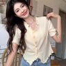 希蘇隆溫柔風(fēng)木耳邊冰絲針織衫女夏季新款獨(dú)特超好看顯瘦修身假兩件上衣 黃色開(kāi)春穿搭毛衣開(kāi)衫衣服女針織 均碼 建議80110斤 曬單實(shí)拍圖