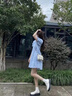 莫代爾提花連衣裙女2025夏季新款收腰顯瘦休閑百搭方領(lǐng)泡泡袖A字短裙子 藍(lán)色 L 建議[100-115斤] 曬單實(shí)拍圖