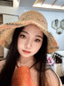 文枝草編帽子女士遮陽帽夏鏤空草帽大檐太陽帽漁夫海邊帽子女 彩虹豆豆編織草帽【米色】 曬單實(shí)拍圖