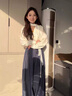艾珠兒（Aizhuer）休閑褲女秋季2025新款氣質(zhì)喇叭袖襯衫藍色闊腿褲韓風chic兩件套裝 白色襯衫+藍色闊腿褲 M 曬單實拍圖